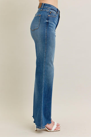 High Waist Tummy Control Chew Hem Destroy Wide Jeans