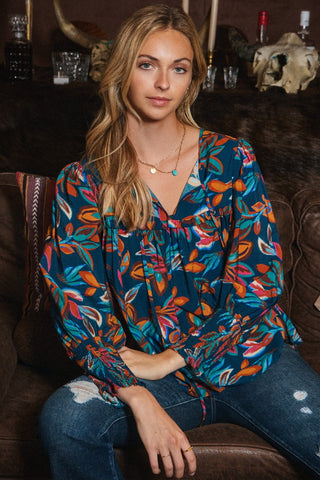 Leaf Printed Long Sleeve Top