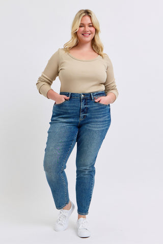 High Waist Plaid Patch Slim Jeans