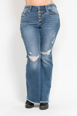 Judy Blue Midrise Button Fly Flare with Destroy Fray Hem Jeans
