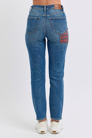 High Waist Plaid Patch Slim Jeans