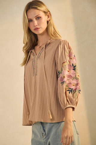 Textured Embroidered-Sleeve Blouse