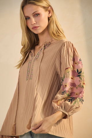 Textured Embroidered-Sleeve Blouse
