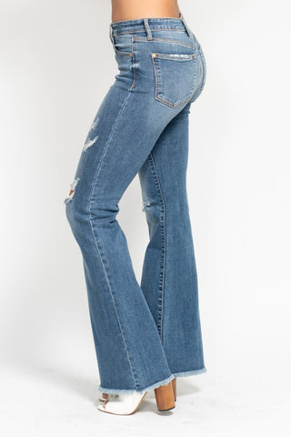 Judy Blue Midrise Button Fly Flare with Destroy Fray Hem Jeans
