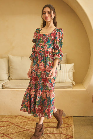 Floral Printed Ruffle Sleeve Midi Dress