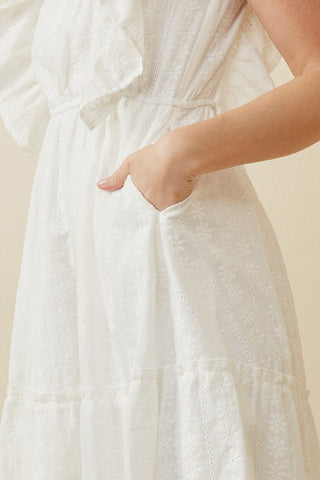 Embroidered Square-Neck Ruffled Smock Dress
