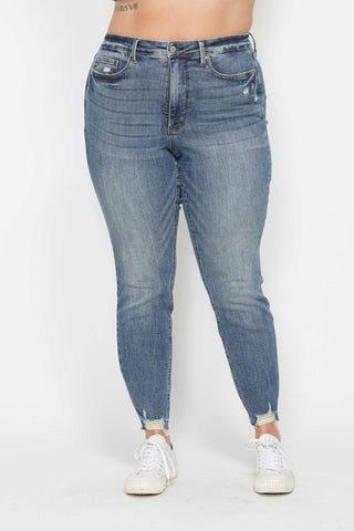 Judy Blue High Waisted Tummy Control Vintage Wash Hem Destroy Skinny Jeans