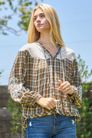 Lace & Plaid Combo Long Sleeve Blouse