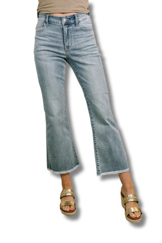 Mckaylee Mid Rise Kick Flare Jeans with Frayed Hem