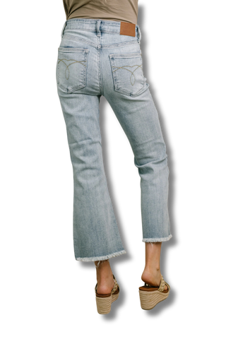 Mckaylee Mid Rise Kick Flare Jeans with Frayed Hem