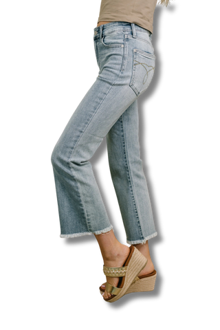 Mckaylee Mid Rise Kick Flare Jeans with Frayed Hem