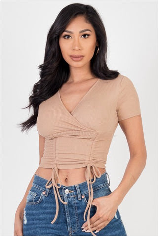 Ribbed Ruched Drawstring Surplice Top
