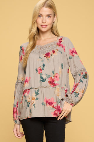 Floral Print Tunic Top with Lace Detailing