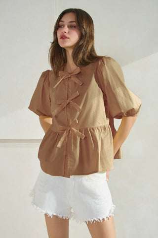 Solid Cotton Poplin Front Tie Ribbon Blouse