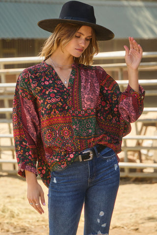 Patchwork Print V-Neck Top