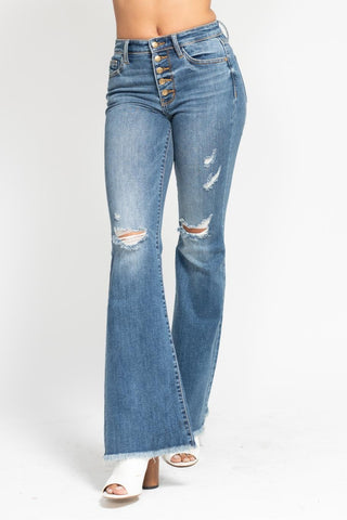 Judy Blue Midrise Button Fly Flare with Destroy Fray Hem Jeans