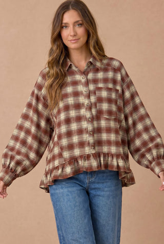 Button Down Check Plaid Babydoll Peplum Blouse