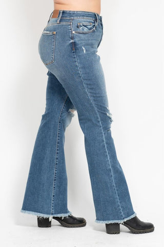 Judy Blue Midrise Button Fly Flare with Destroy Fray Hem Jeans
