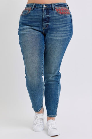 High Waist Plaid Patch Slim Jeans