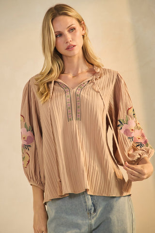 Textured Embroidered-Sleeve Blouse