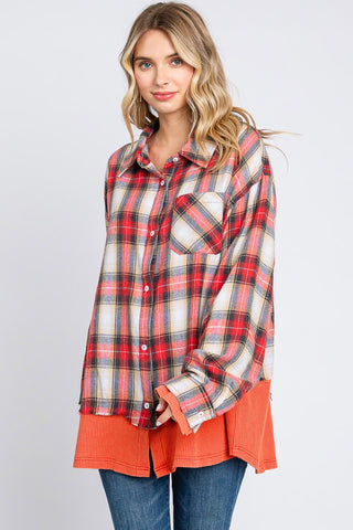 Washed Plaid Mix Button-Down Oversized Shirt