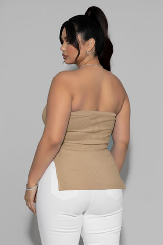 Strapless Ribbed Side-Slit Flare Top