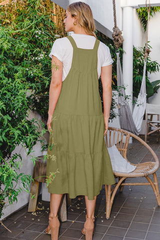 Solid Button Sling Tiered Midi Dress