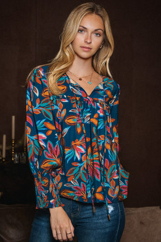 Leaf Printed Long Sleeve Top