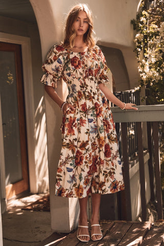 Floral Printed Smocked Waist Midi Dress