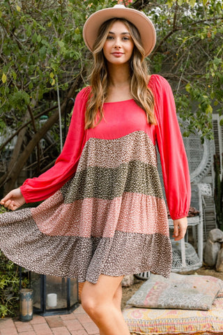 Tiered Color-Block Coral Dress