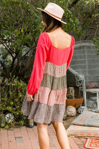 Tiered Color-Block Coral Dress
