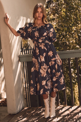 Floral Printed Smocked Waist Midi Dress