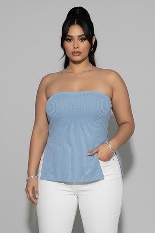 Strapless Ribbed Side-Slit Flare Top