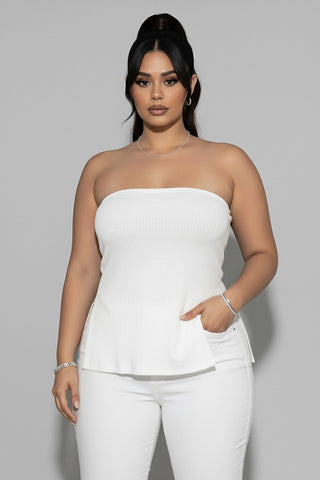 Strapless Ribbed Side-Slit Flare Top