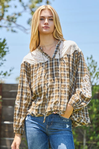 Lace & Plaid Combo Long Sleeve Blouse