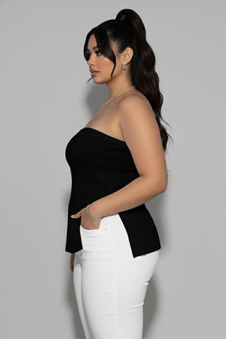 Strapless Ribbed Side-Slit Flare Top