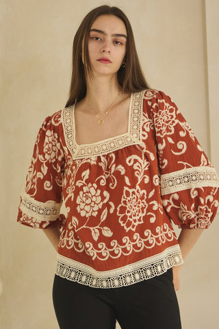 Paisley Print With Cotton Lace Trim Top