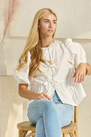 Solid Cotton Poplin Front Tie Blouse