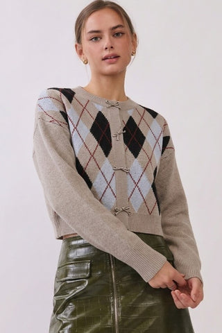 Sweater Cropped Argyle Knit Cardigan