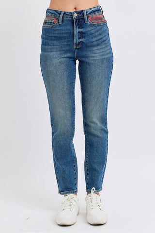 High Waist Plaid Patch Slim Jeans