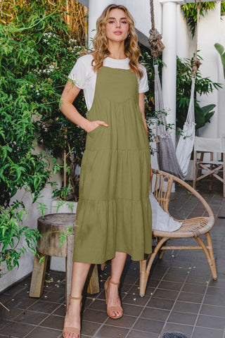 Solid Button Sling Tiered Midi Dress