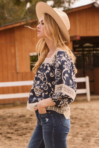 Paisley Print With Cotton Lace Trim Top
