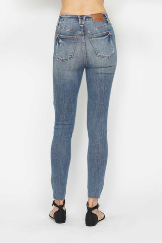 Judy Blue High Waisted Tummy Control Vintage Wash Hem Destroy Skinny Jeans