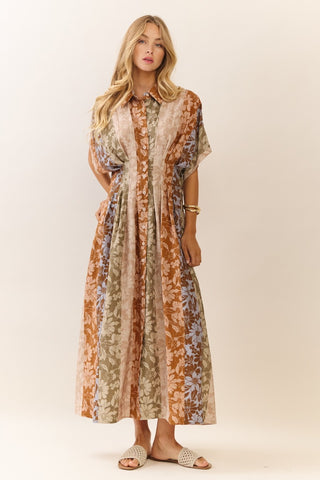 Mixed Floral Print Button-front Midi Dress