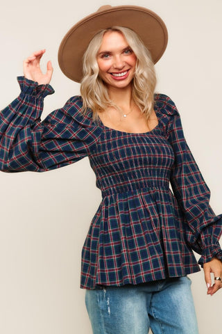 Smocked Babydoll Plaid Top