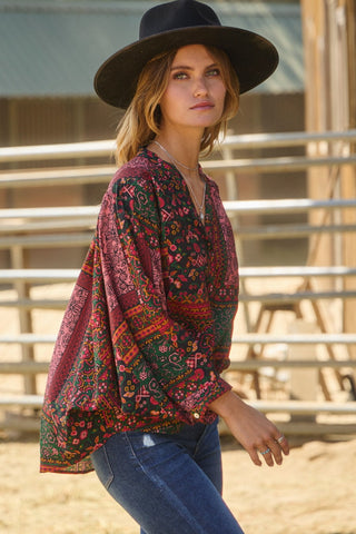 Patchwork Print V-Neck Top