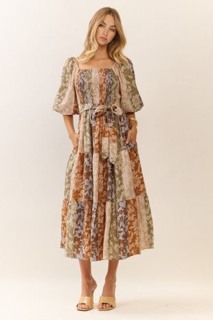 Mixed Floral Print Midi Dress