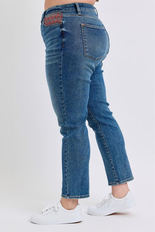 High Waist Plaid Patch Slim Jeans