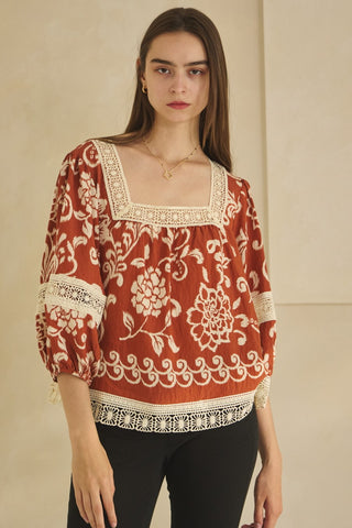 Paisley Print With Cotton Lace Trim Top
