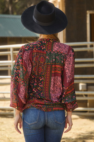 Patchwork Print V-Neck Top